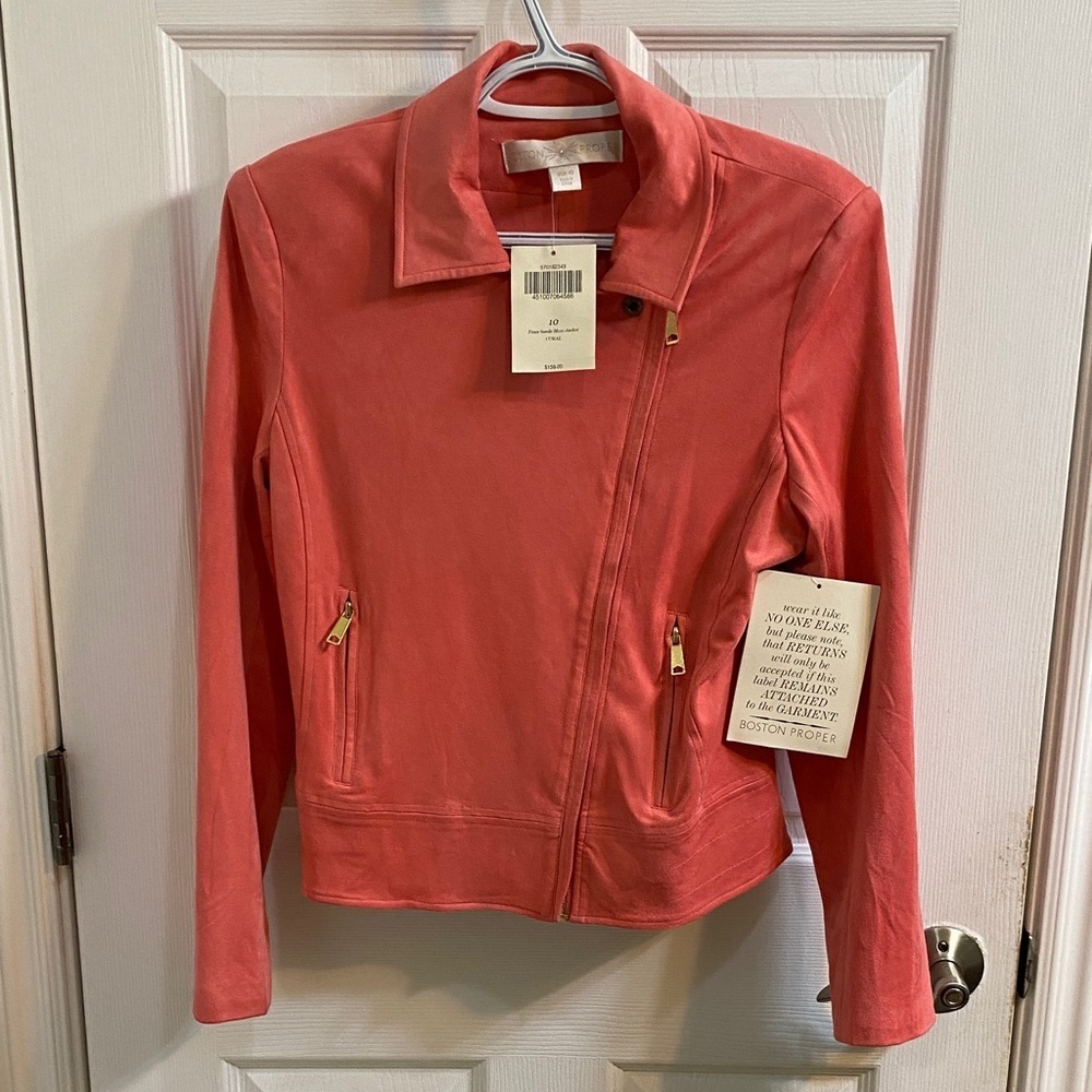 Boston Proper Coral-Pink Asymmetrical Zip Leather Jacket
